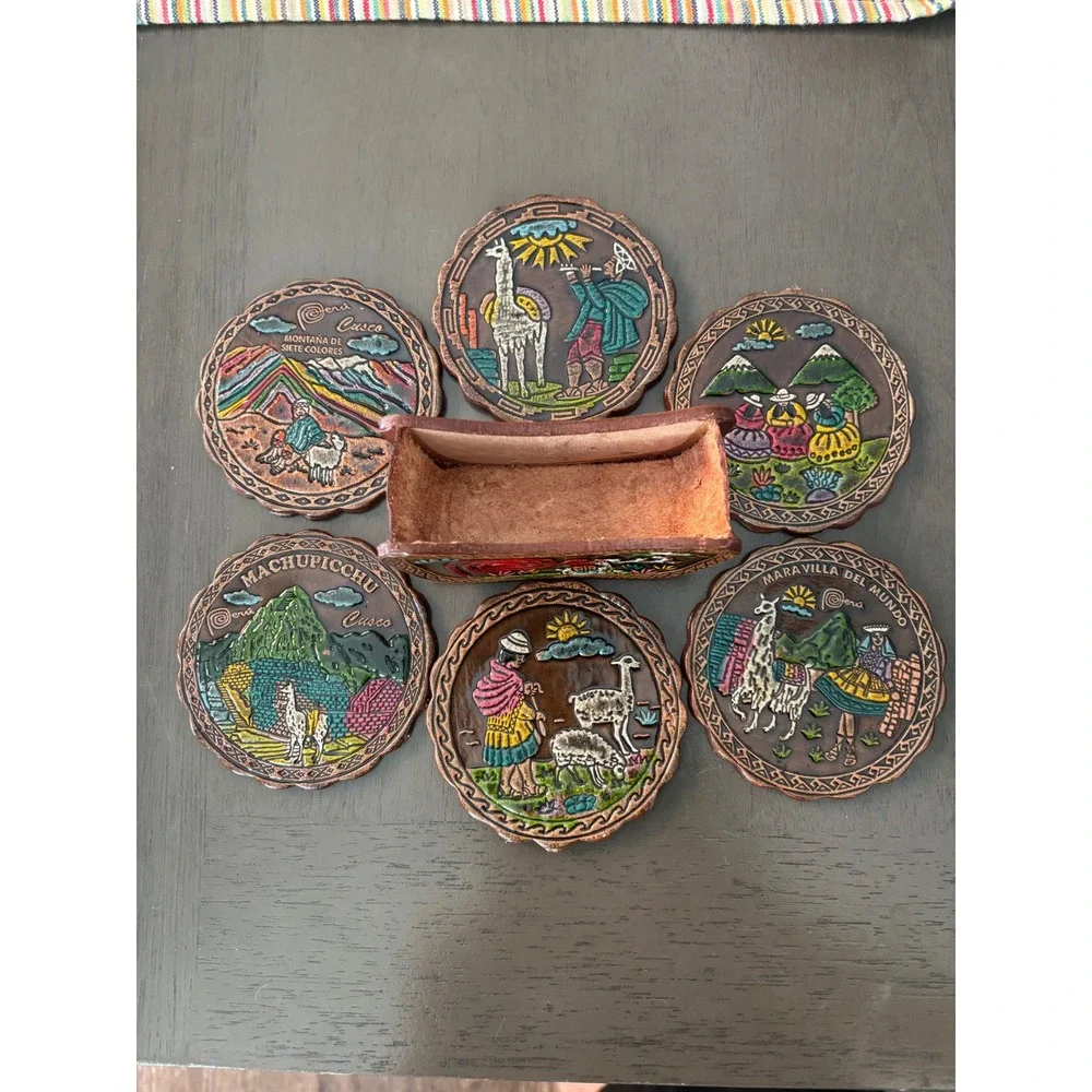 Vintage Peru Hand Painted Tooled Leather Coaster Set of 6 Machu Picchu Cusco